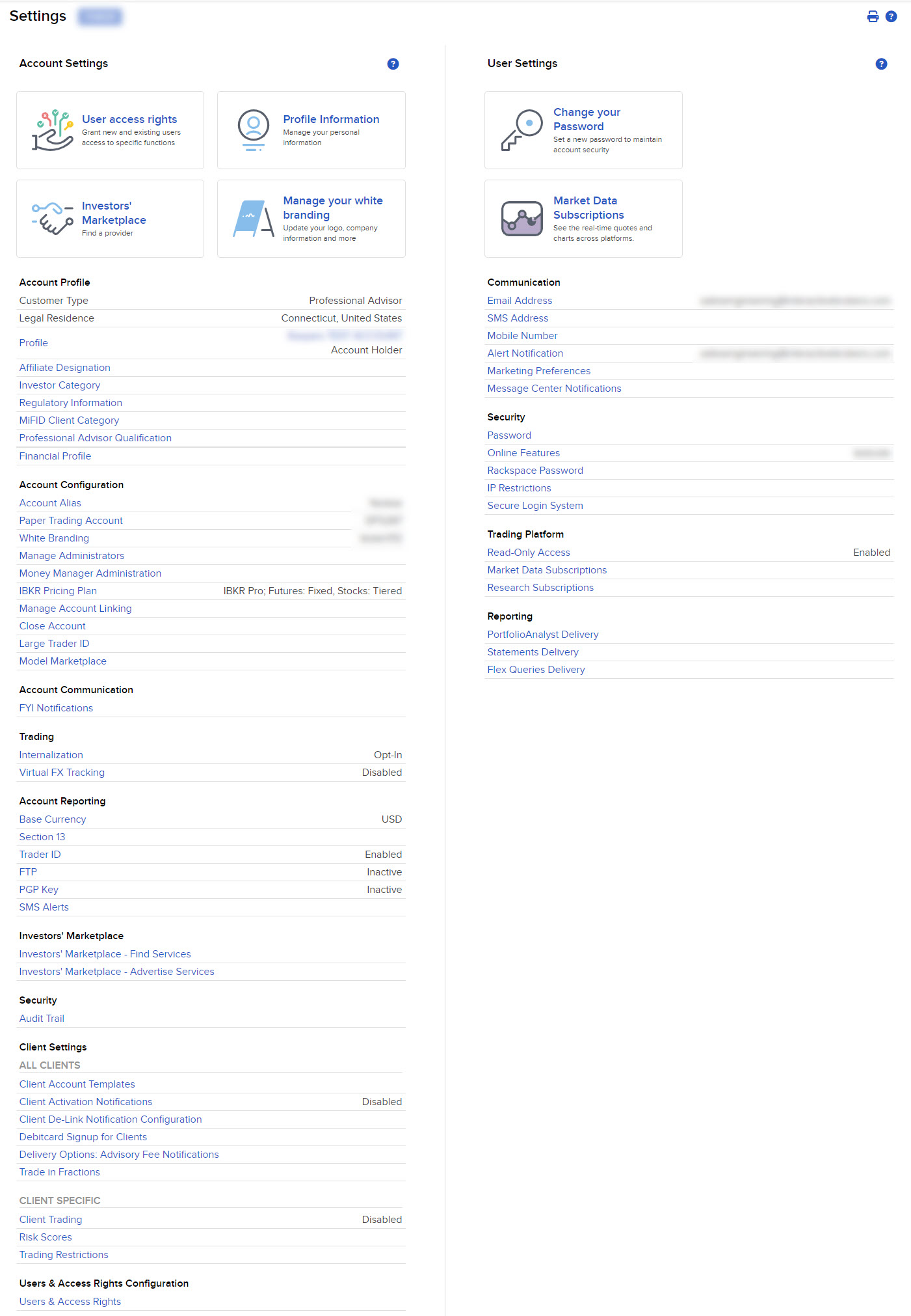 The advisor portal settings page. 